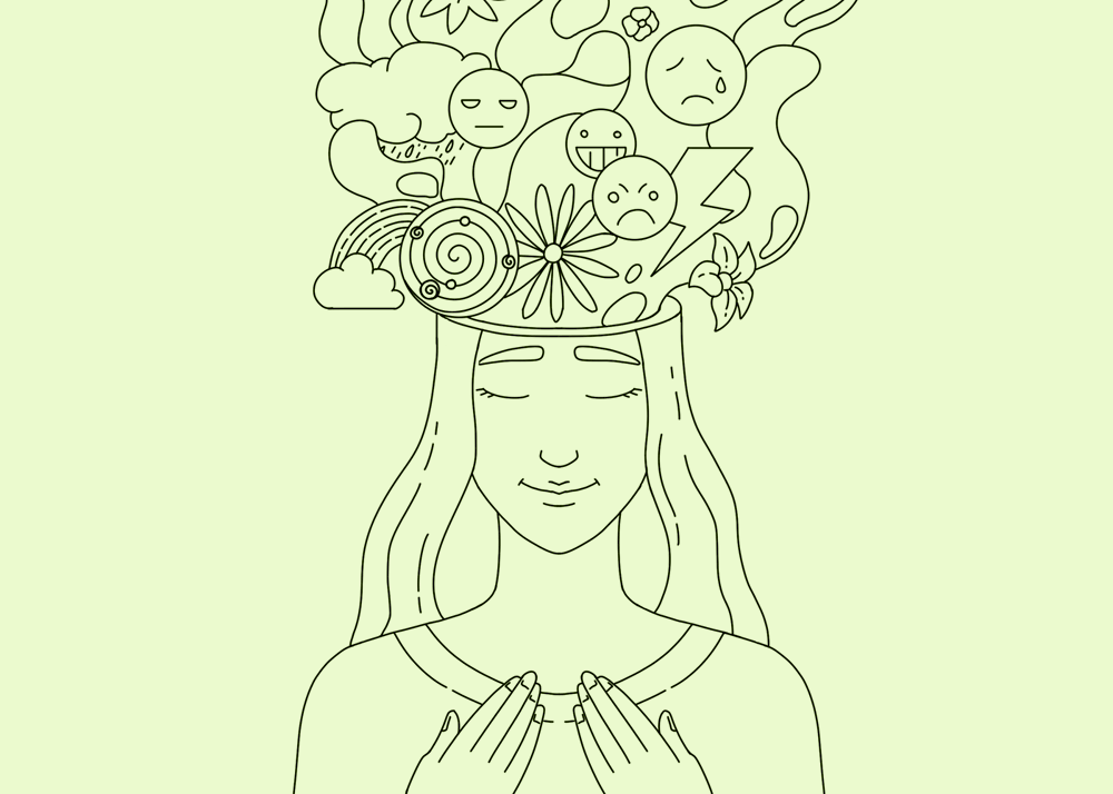 Stressabbau, Frau mit Gedankenwolke